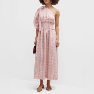 NWT Lug Von Siga Glory Linen One-Shoulder Smocked Waist Midi Dress